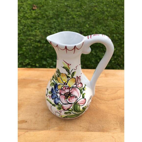 Hand Painted Ceramic Floral Design Pitcher, Portugal, Olive Oil Bottle - Picture 2 of 9